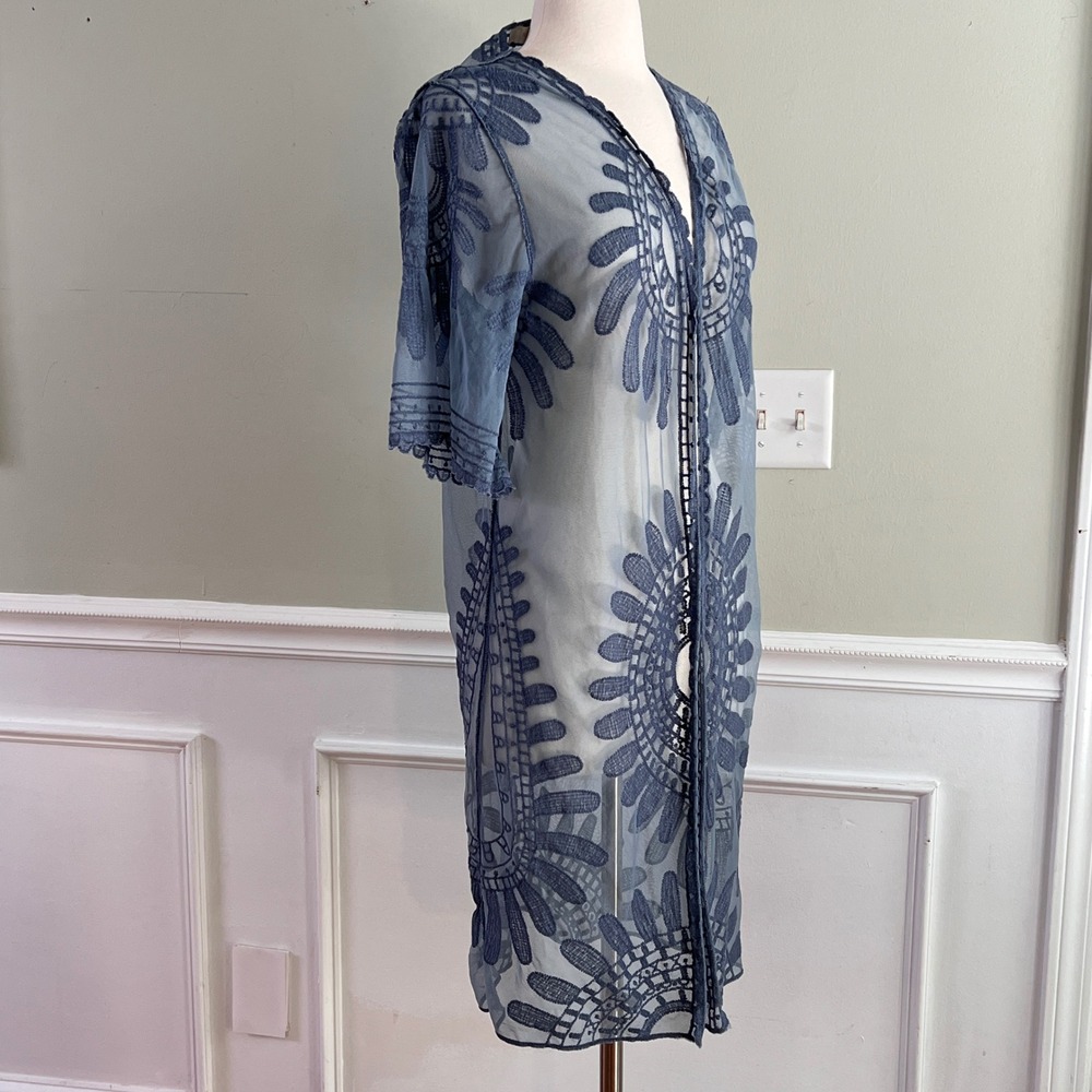 Rebellion Lace Sheer Kimono Cardigan OS Women Hippie Mesh Blue Layering Ethereal - Picture 10 of 12